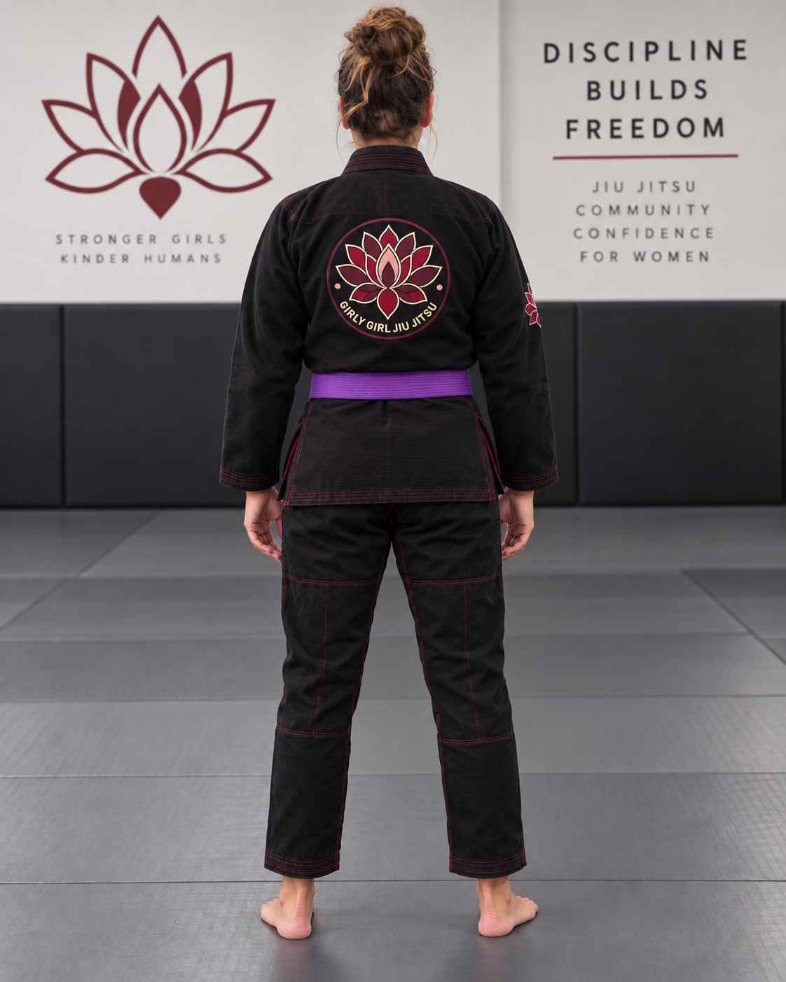 Back view of the black Girly Girl Jiu Jitsu gi with the large burgundy lotus logo.
