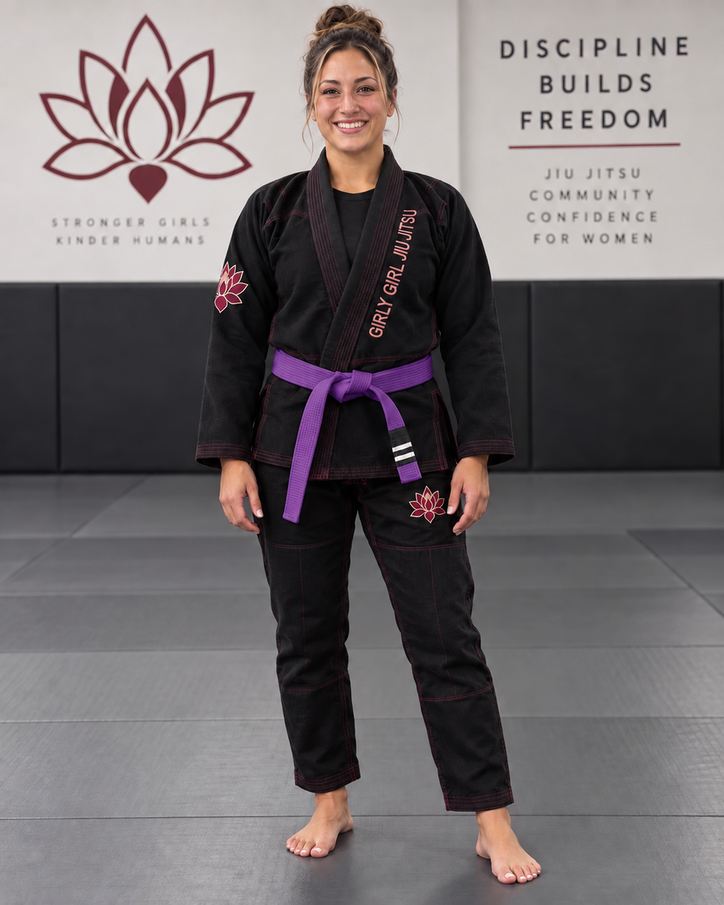 Front view of the black Girly Girl Jiu Jitsu gi with burgundy lotus patches and lapel lettering.